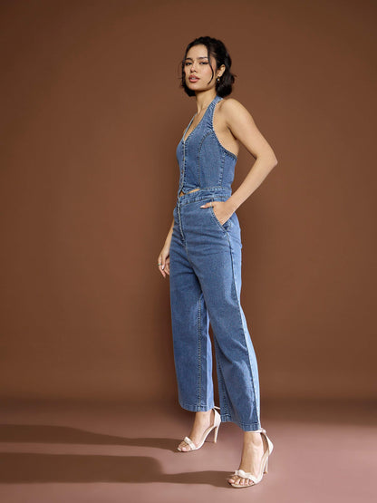 Women Blue Blast Denim Halter Neck Jumpsuit