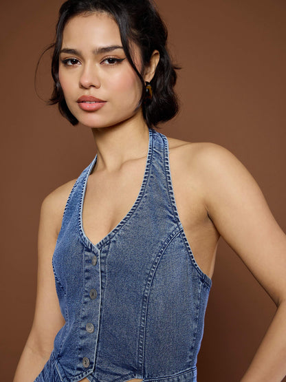 Women Blue Blast Denim Halter Neck Jumpsuit