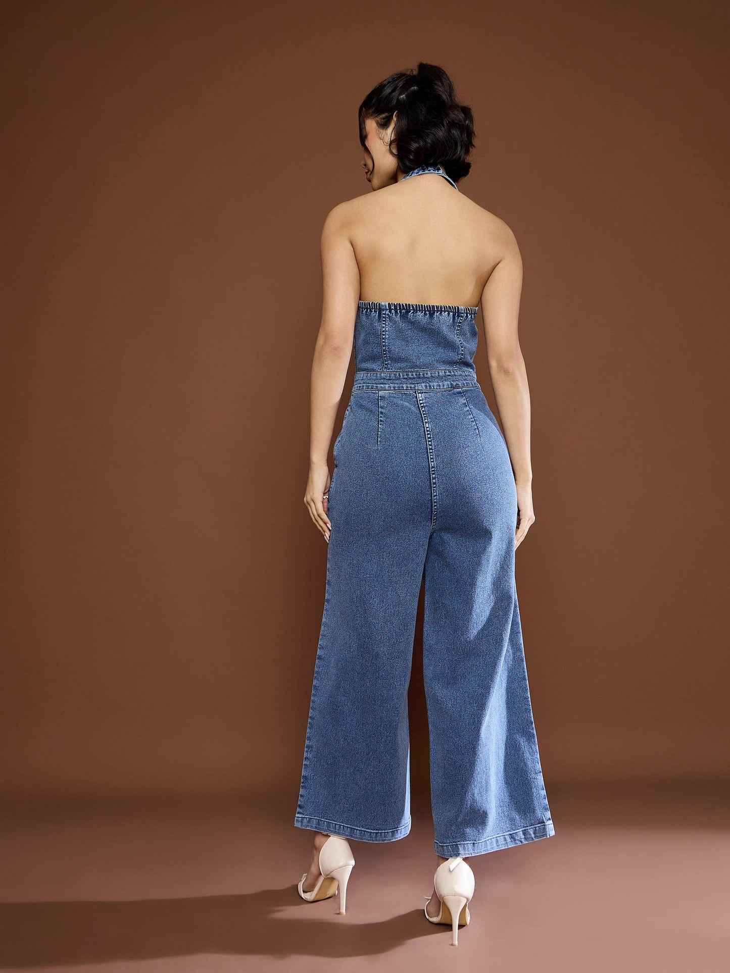 Women Blue Blast Denim Halter Neck Jumpsuit