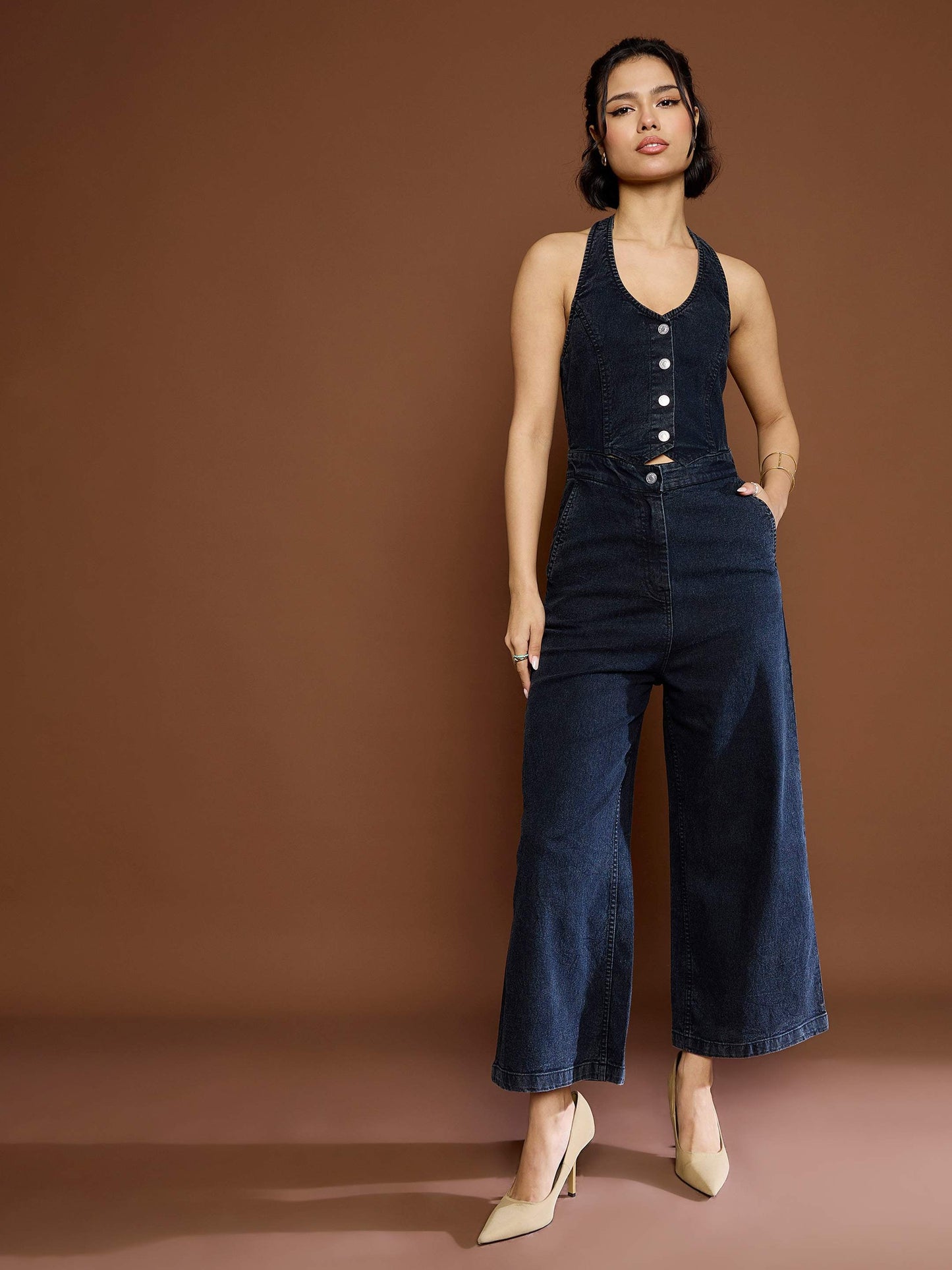 Women Black Washed Denim Halter Neck Jumpsuit