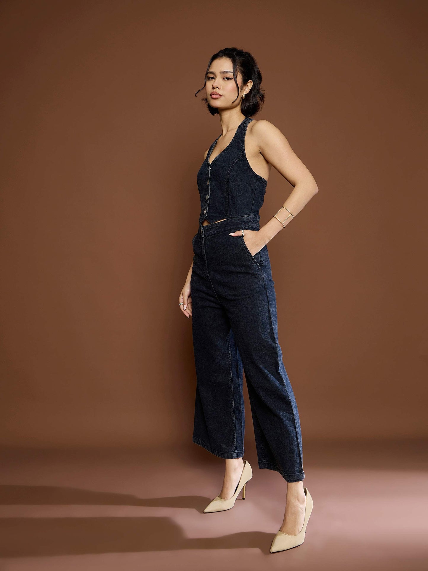 Women Black Washed Denim Halter Neck Jumpsuit