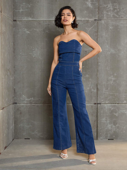 Women Navy Blue Denim Off Shoulder Jumpsuit