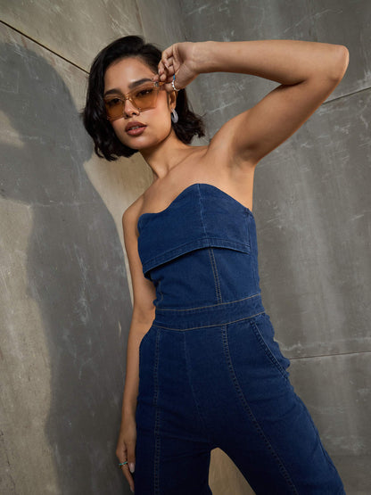 Women Navy Blue Denim Off Shoulder Jumpsuit