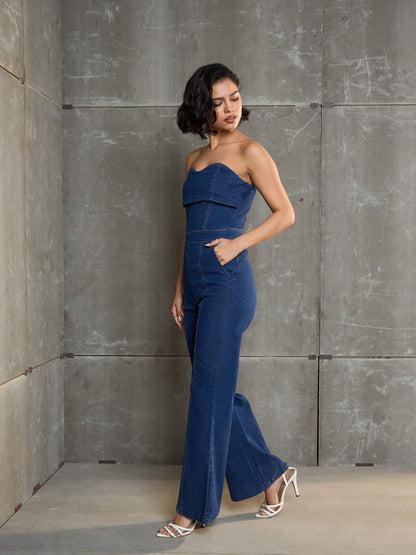 Women Navy Blue Denim Off Shoulder Jumpsuit