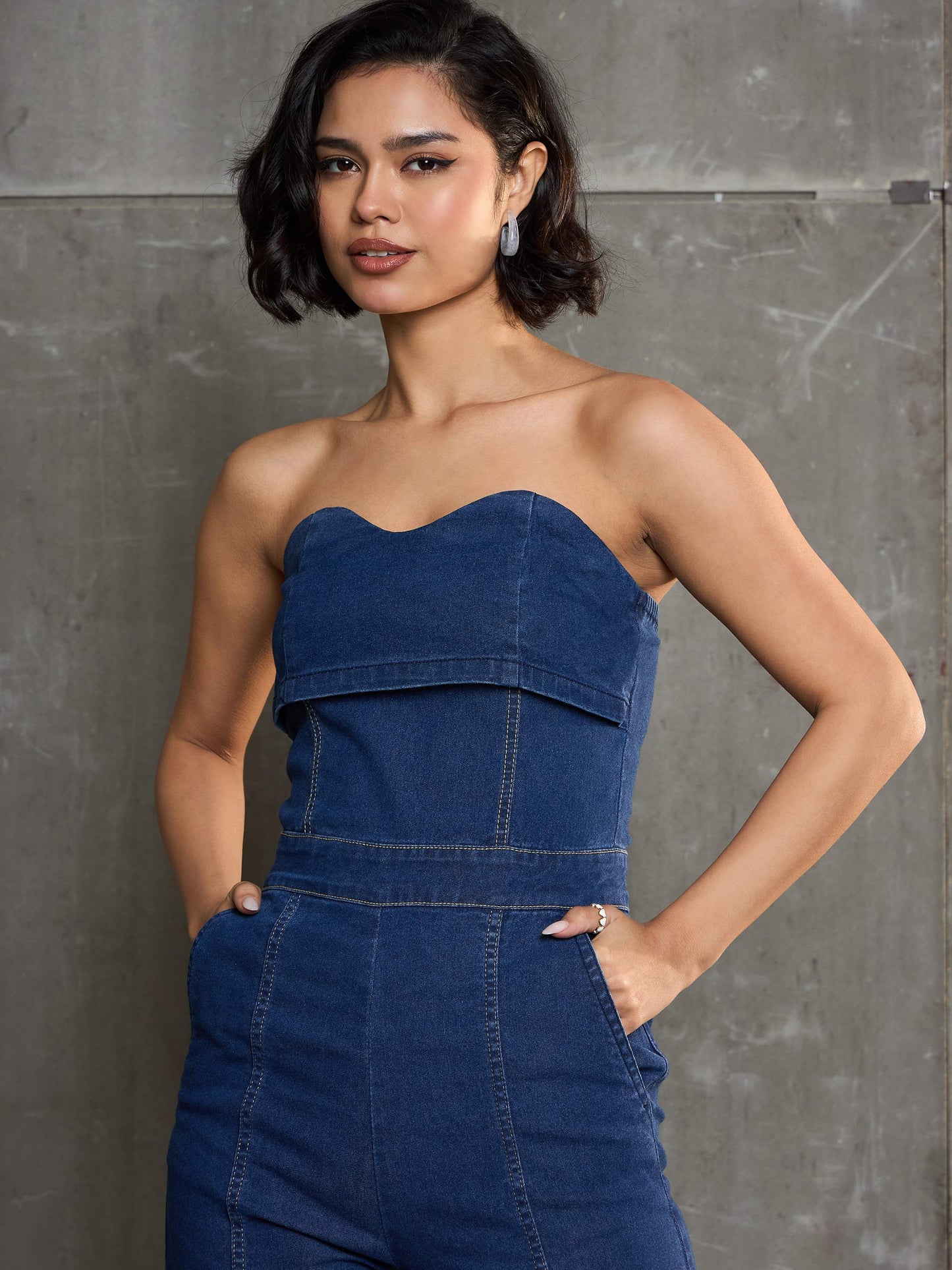 Women Navy Blue Denim Off Shoulder Jumpsuit
