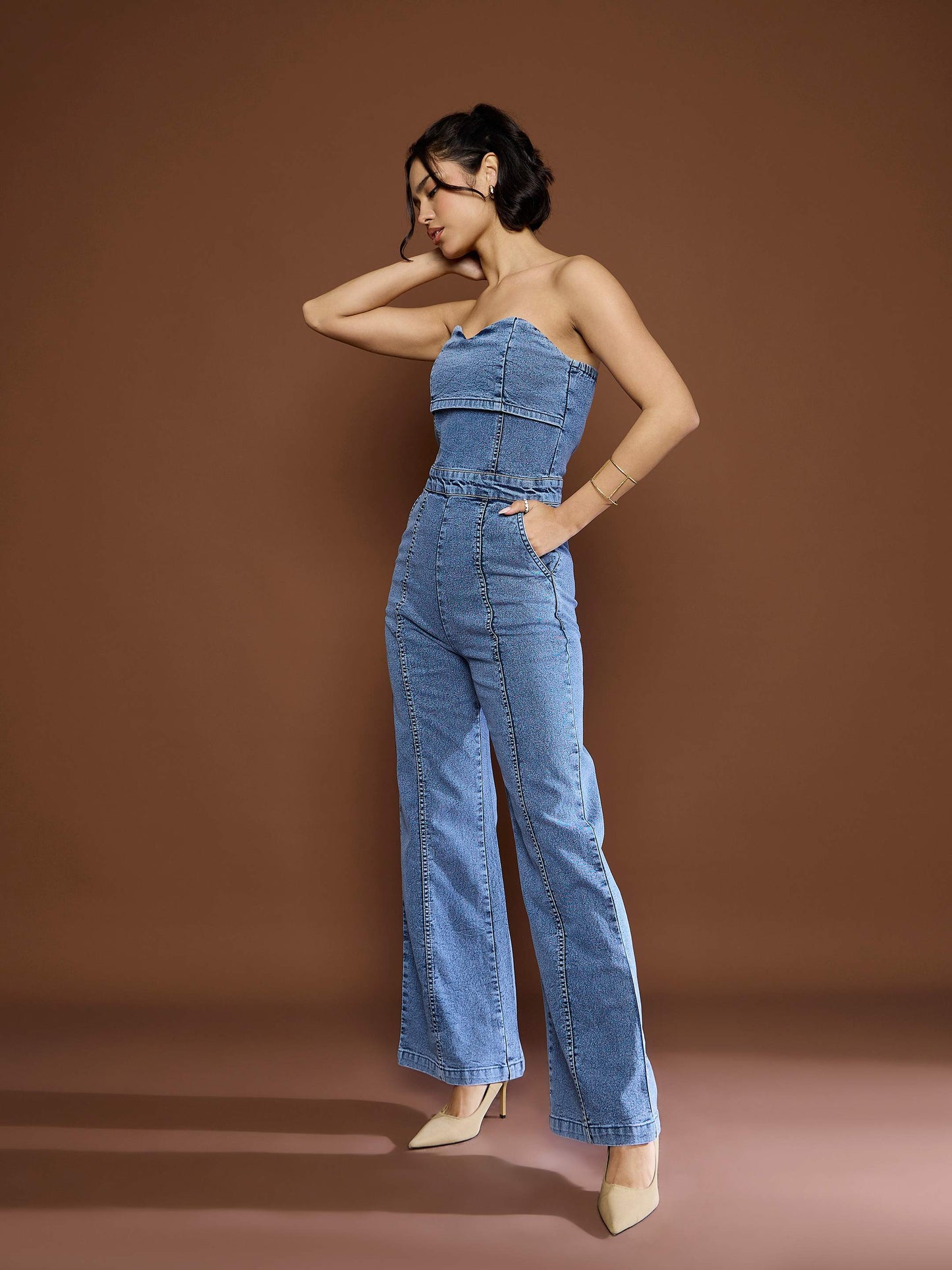 Women Blue Blast Denim Off Shoulder Jumpsuit