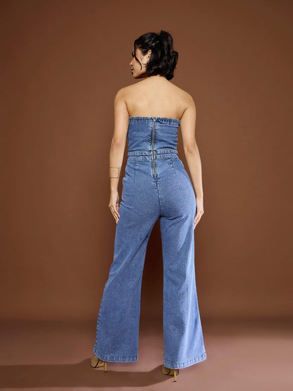 Women Blue Blast Denim Off Shoulder Jumpsuit