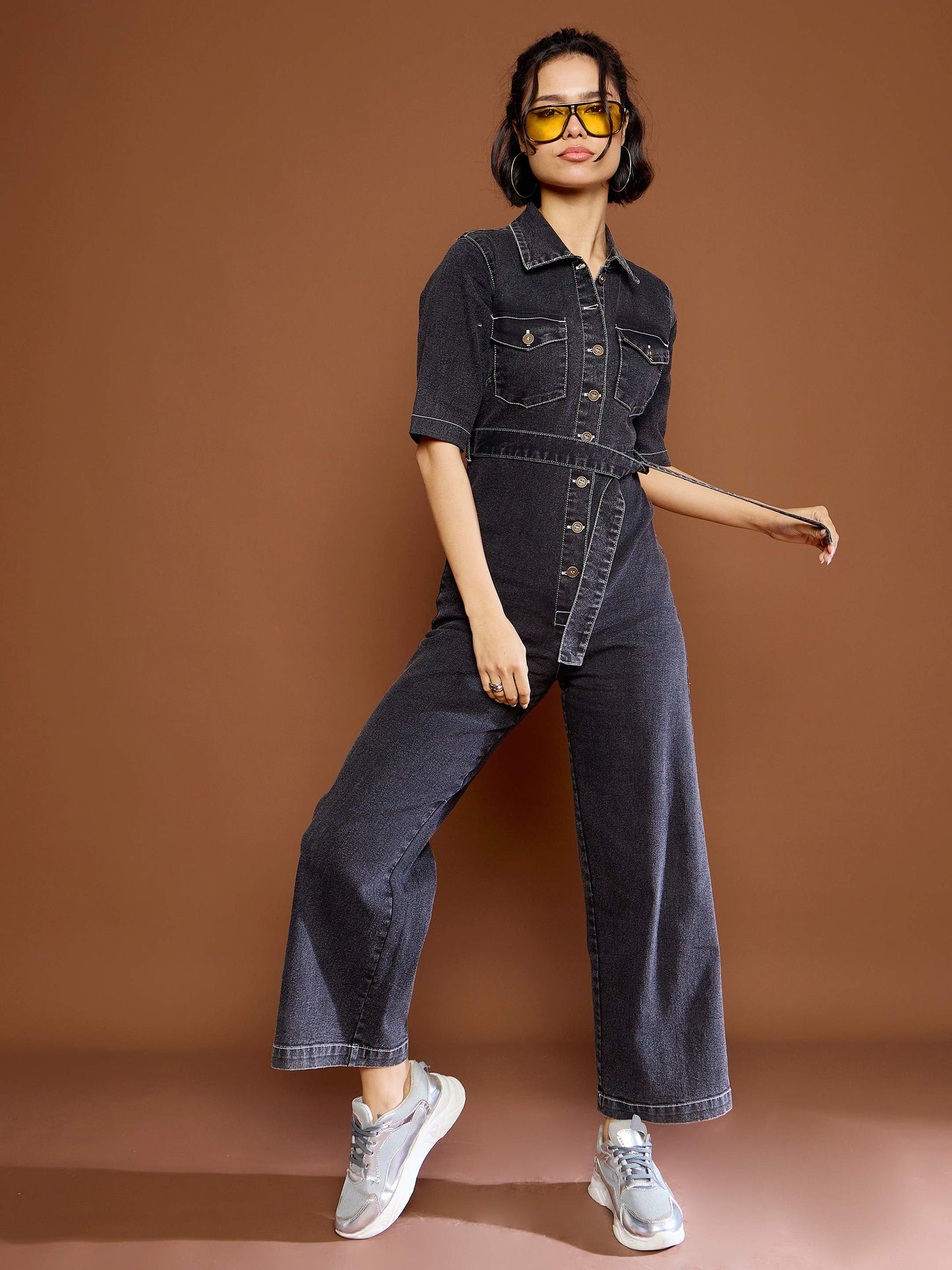 Women Black Washed Denim Short Sleeve Jumpsuit