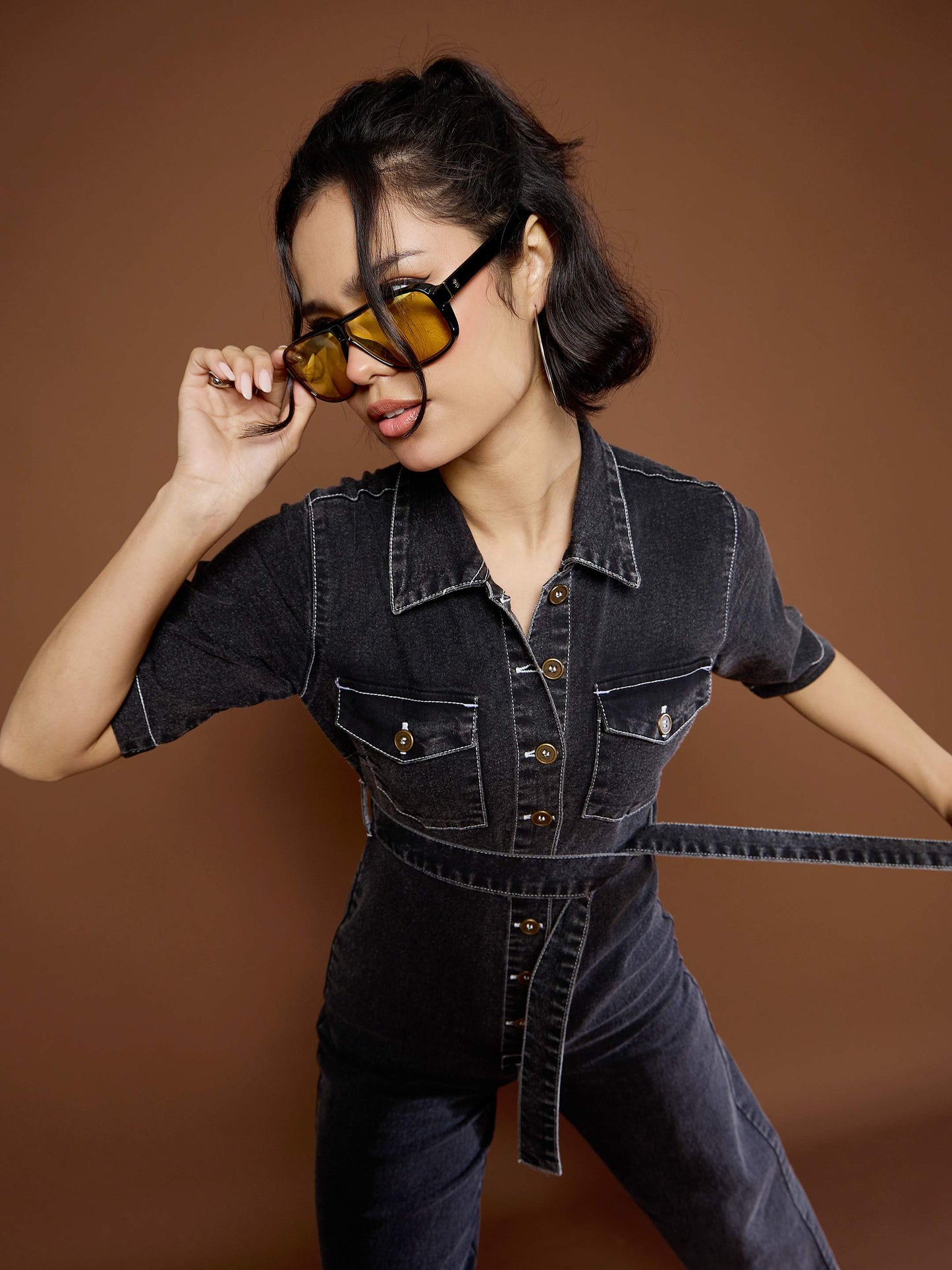 Women Black Washed Denim Short Sleeve Jumpsuit