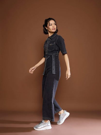 Women Black Washed Denim Short Sleeve Jumpsuit