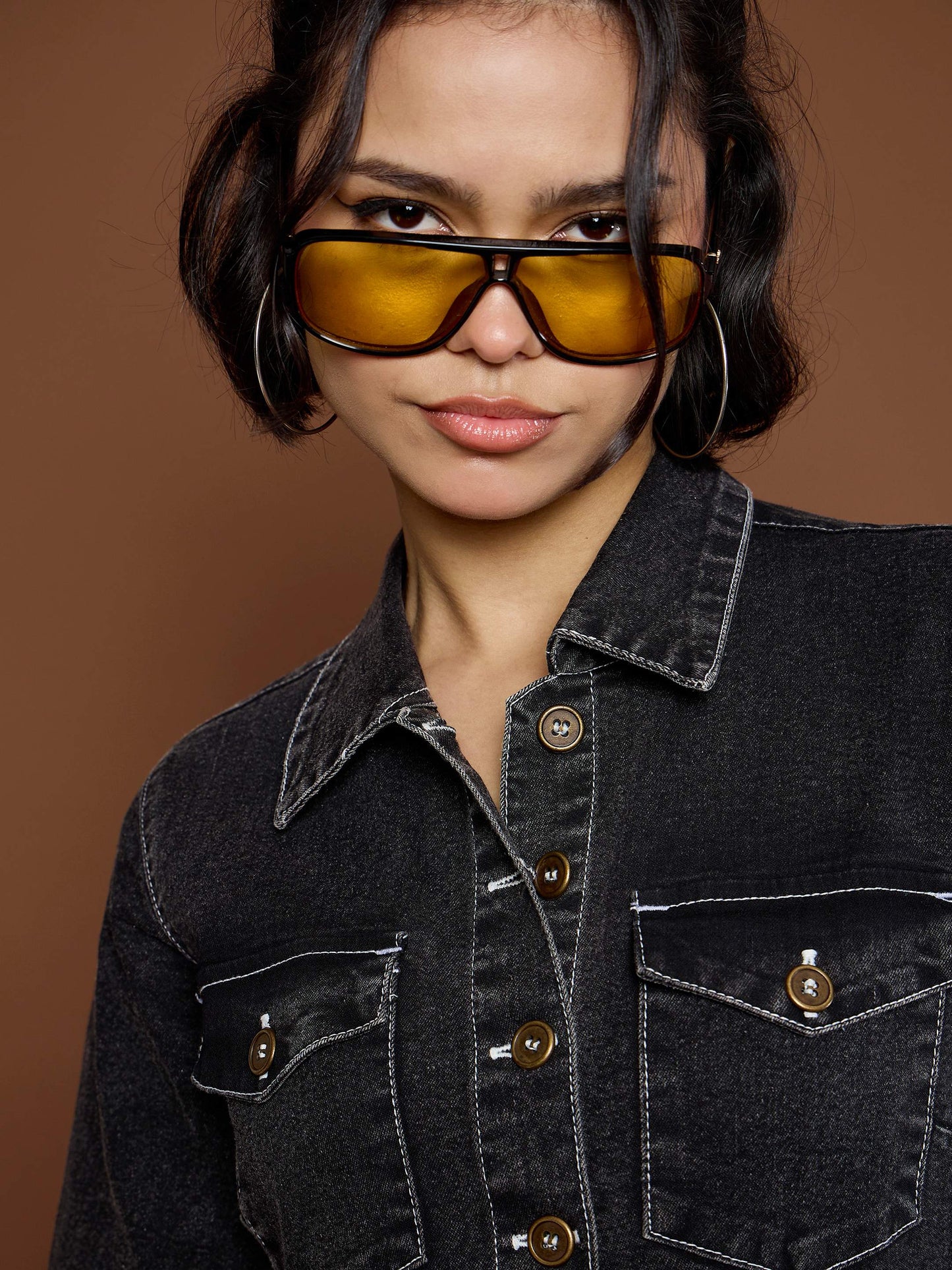 Women Black Washed Denim Short Sleeve Jumpsuit