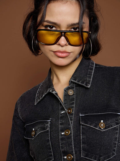 Women Black Washed Denim Short Sleeve Jumpsuit