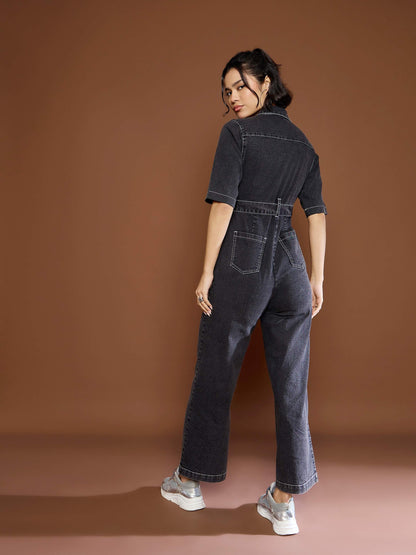 Women Black Washed Denim Short Sleeve Jumpsuit