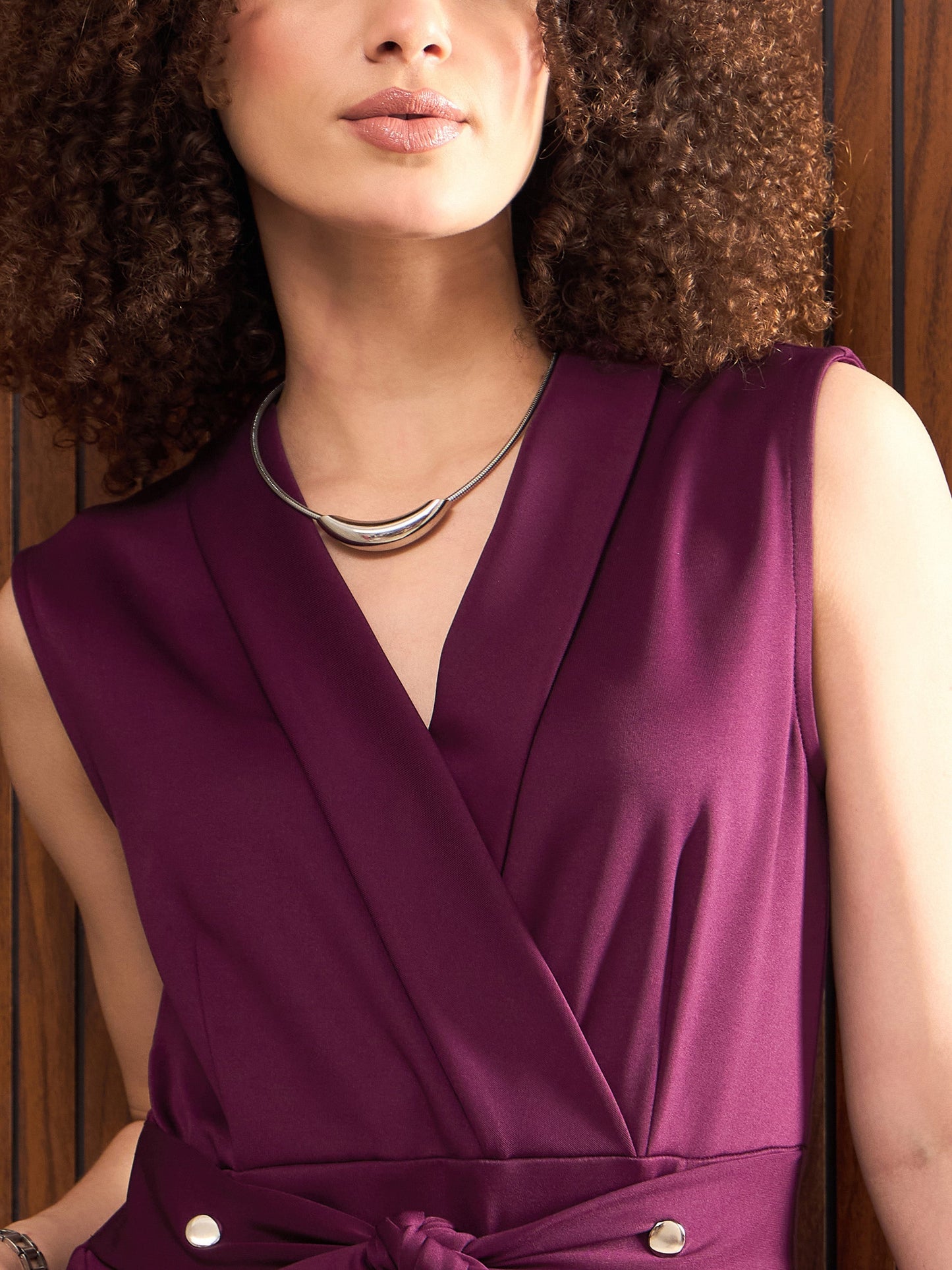 Women Purple Shawl Collar Front Tie Belted Jumpsuit