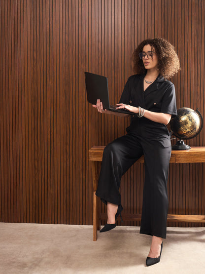 Women Black Notch Collar Short Sleeve Jumpsuit