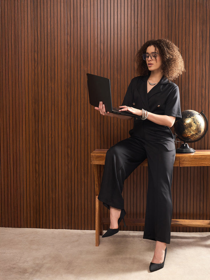 Women Black Notch Collar Short Sleeve Jumpsuit