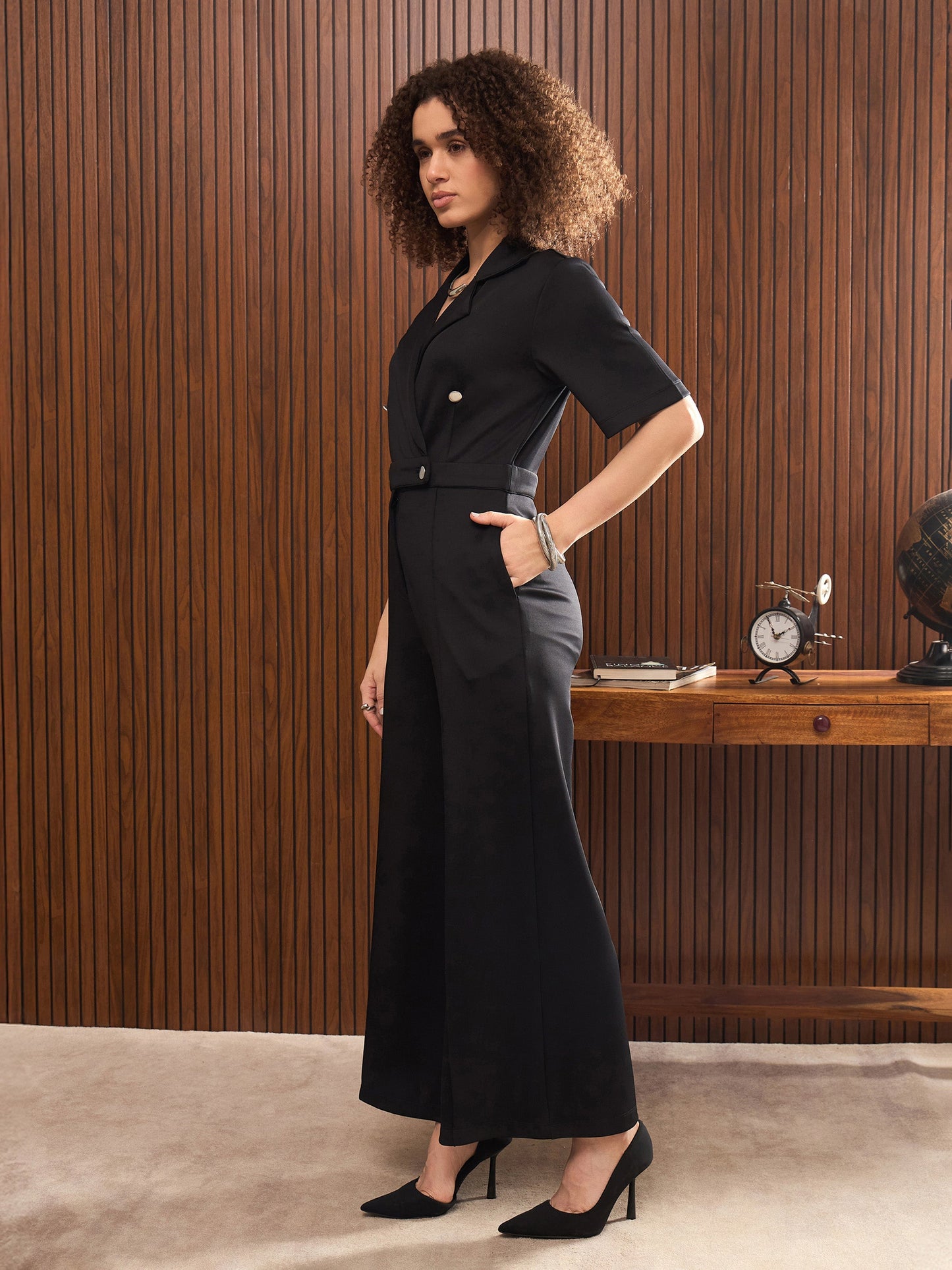 Women Black Notch Collar Short Sleeve Jumpsuit
