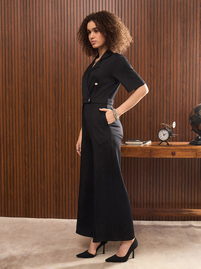 Women Black Notch Collar Short Sleeve Jumpsuit