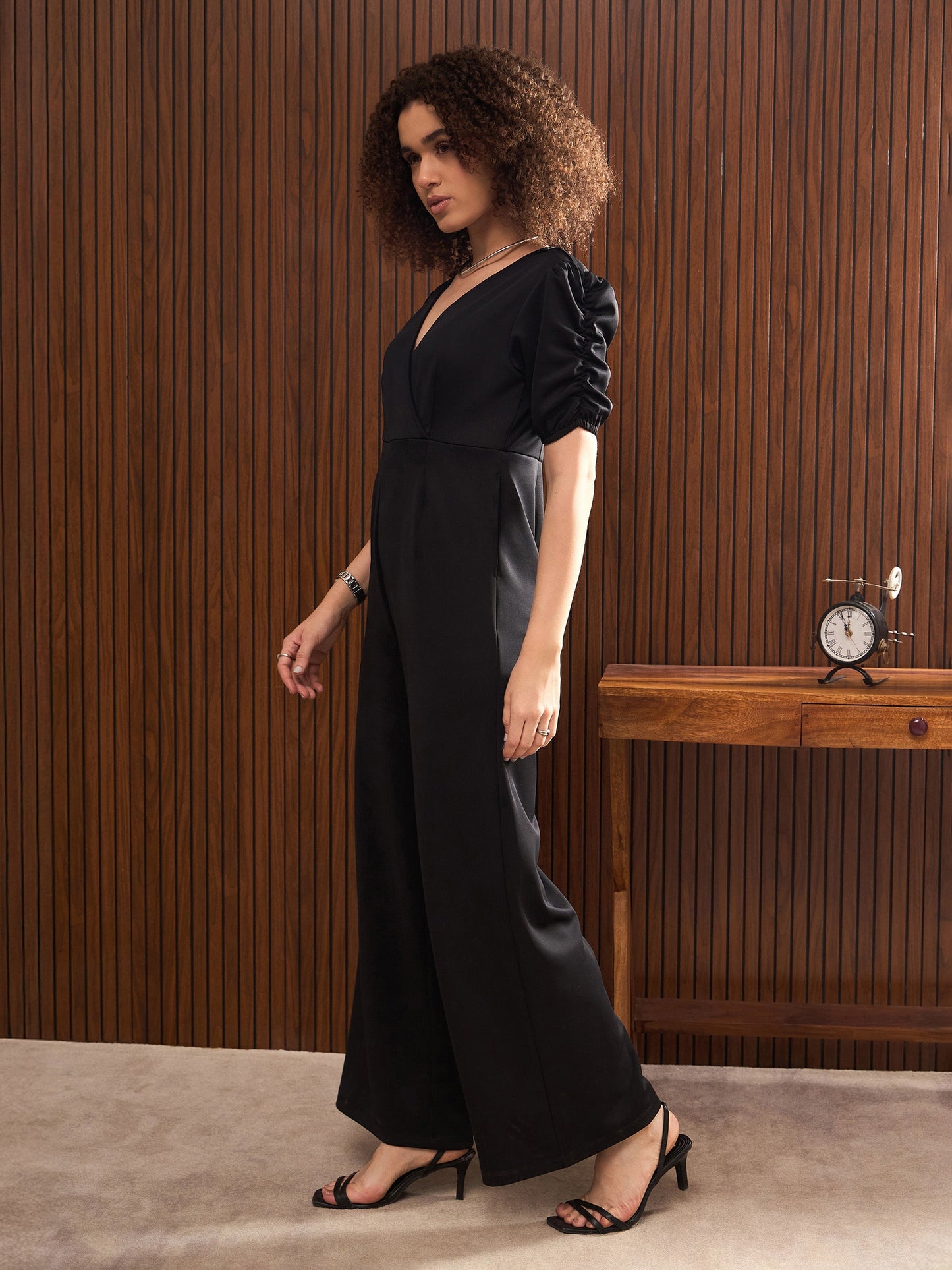 Women Black Side Pocket Puff Sleeves Jumpsuit