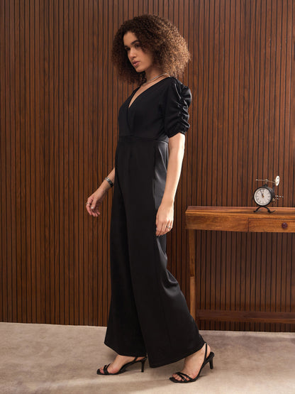 Women Black Side Pocket Puff Sleeves Jumpsuit