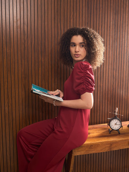 Women Maroon Side Pocket Puff Sleeves Jumpsuit