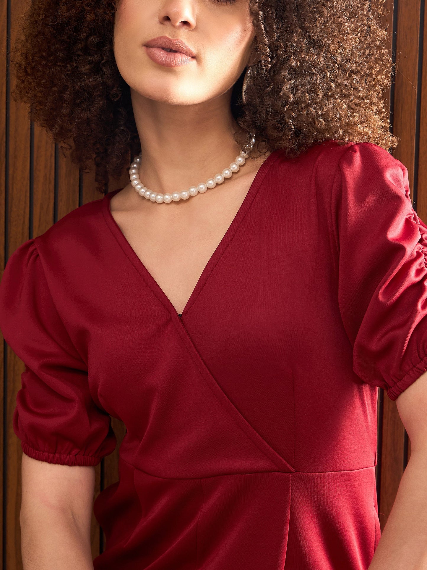 Women Maroon Side Pocket Puff Sleeves Jumpsuit