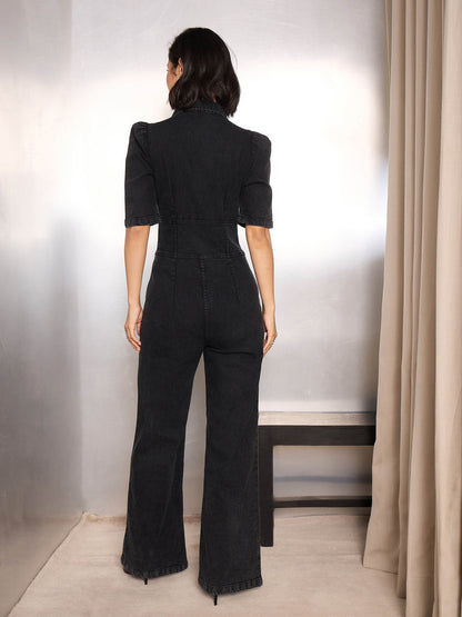 Women Black Washed Denim Front Button Jumpsuit