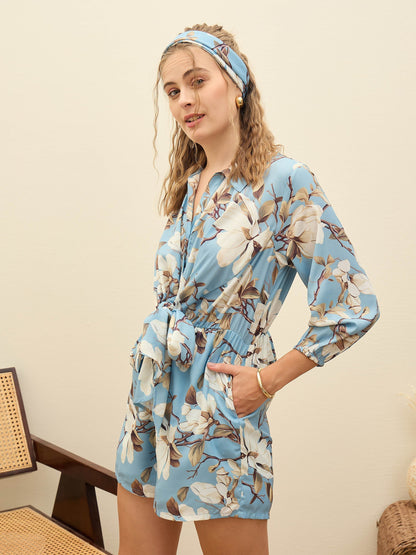 Women Blue Floral Tie-Knot Playsuit