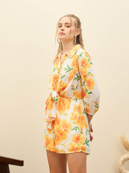 Women Yellow Floral Tie-Knot Playsuit