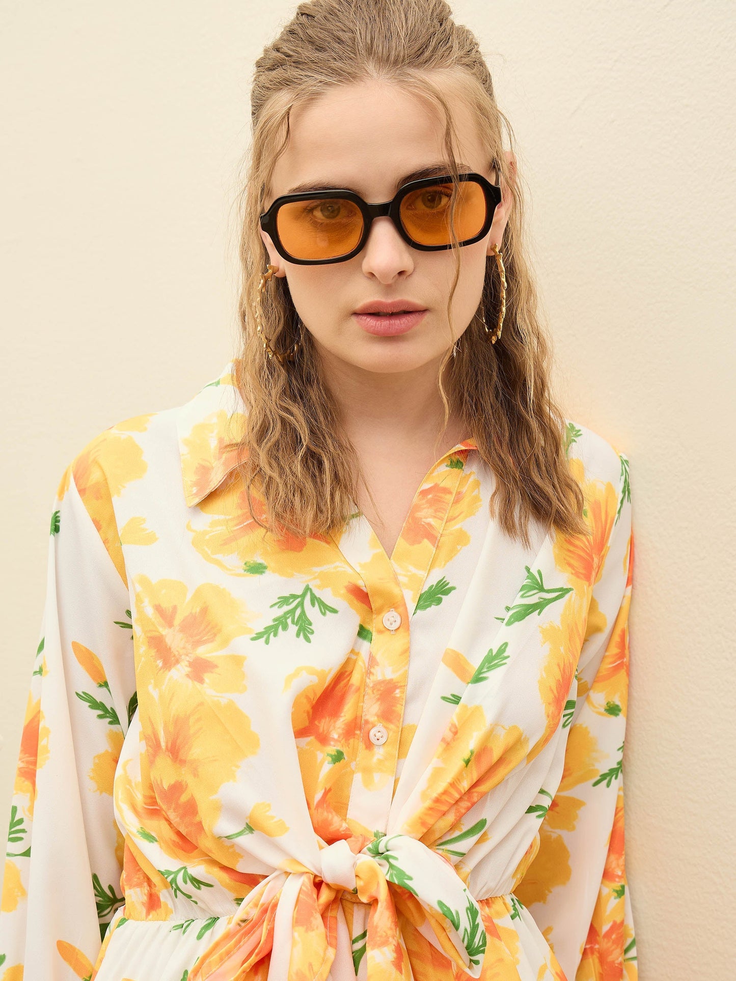 Women Yellow Floral Tie-Knot Playsuit