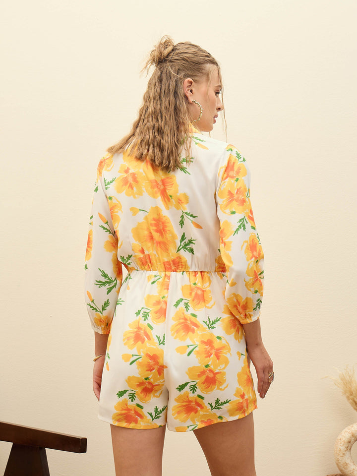 Women Yellow Floral Tie-Knot Playsuit