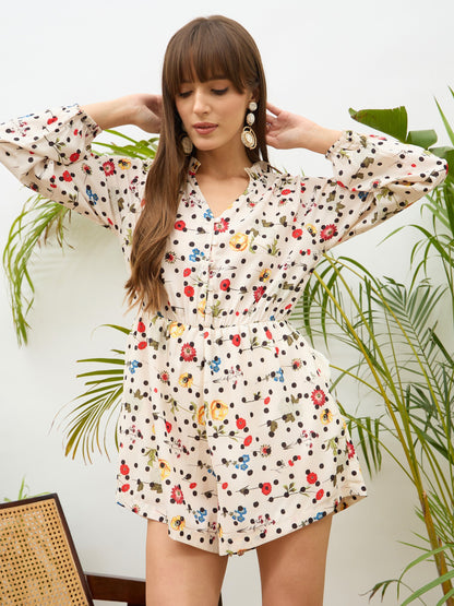 Women Beige Ditsy Floral Balloon Sleeves Playsuit
