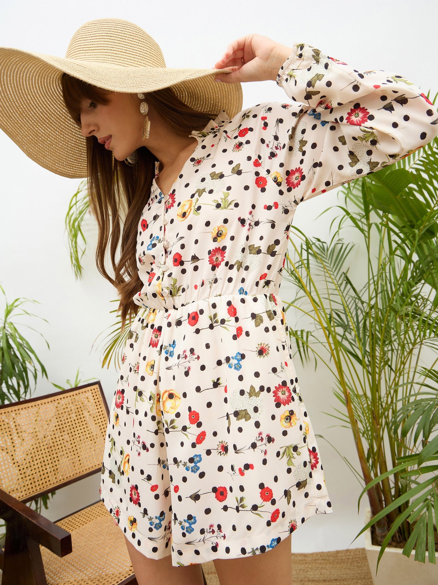 Women Beige Ditsy Floral Balloon Sleeves Playsuit