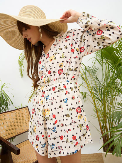 Women Beige Ditsy Floral Balloon Sleeves Playsuit
