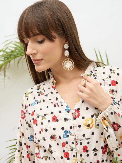 Women Beige Ditsy Floral Balloon Sleeves Playsuit