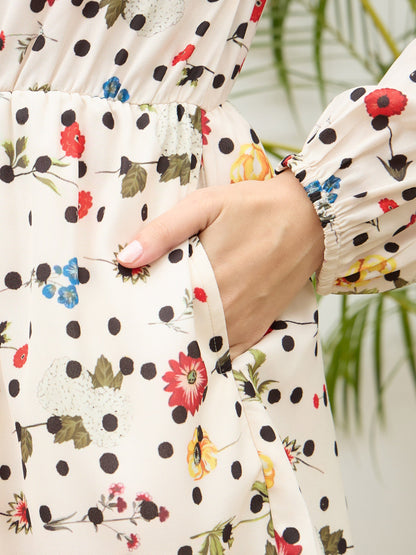 Women Beige Ditsy Floral Balloon Sleeves Playsuit