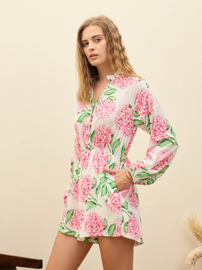 Women White Floral Balloon Sleeves Playsuit