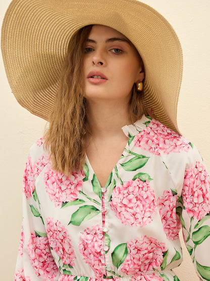 Women White Floral Balloon Sleeves Playsuit