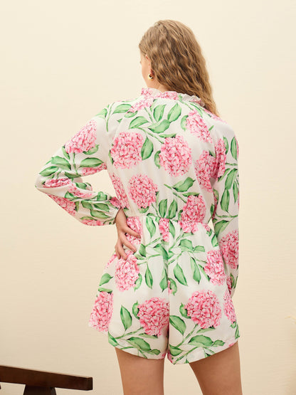 Women White Floral Balloon Sleeves Playsuit