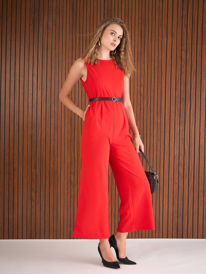 Women Red Belted Jumpsuit