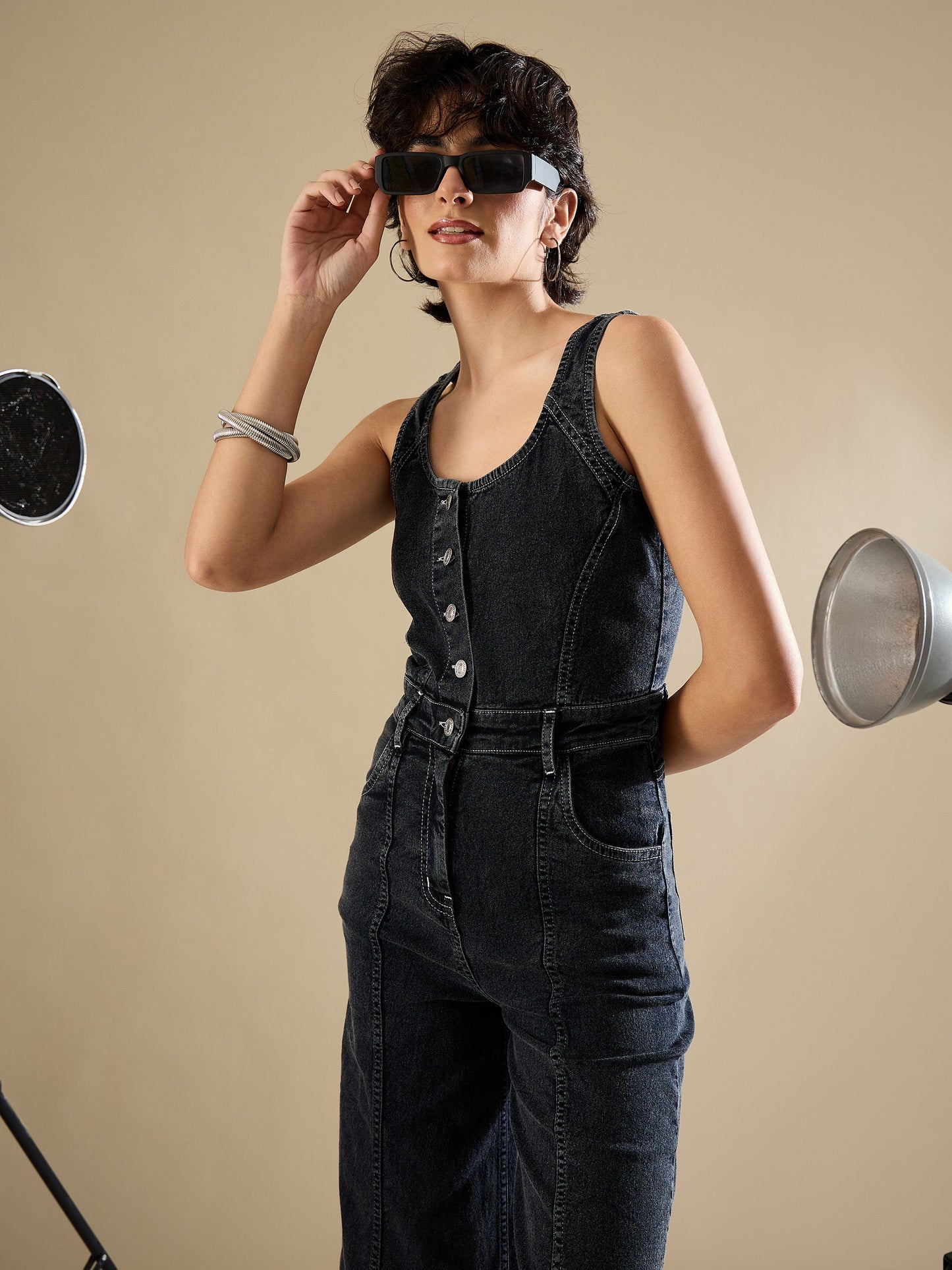 Black Washed Button Down Strappy Jumpsuit