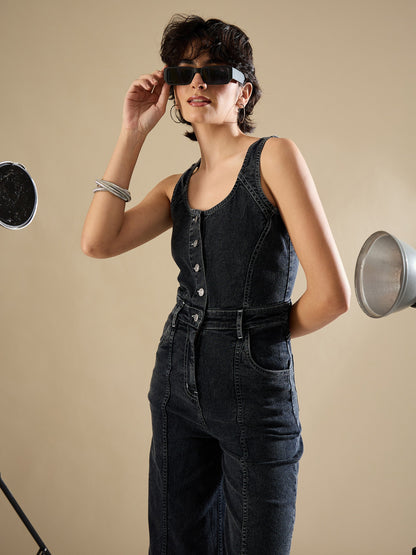 Black Washed Button Down Strappy Jumpsuit