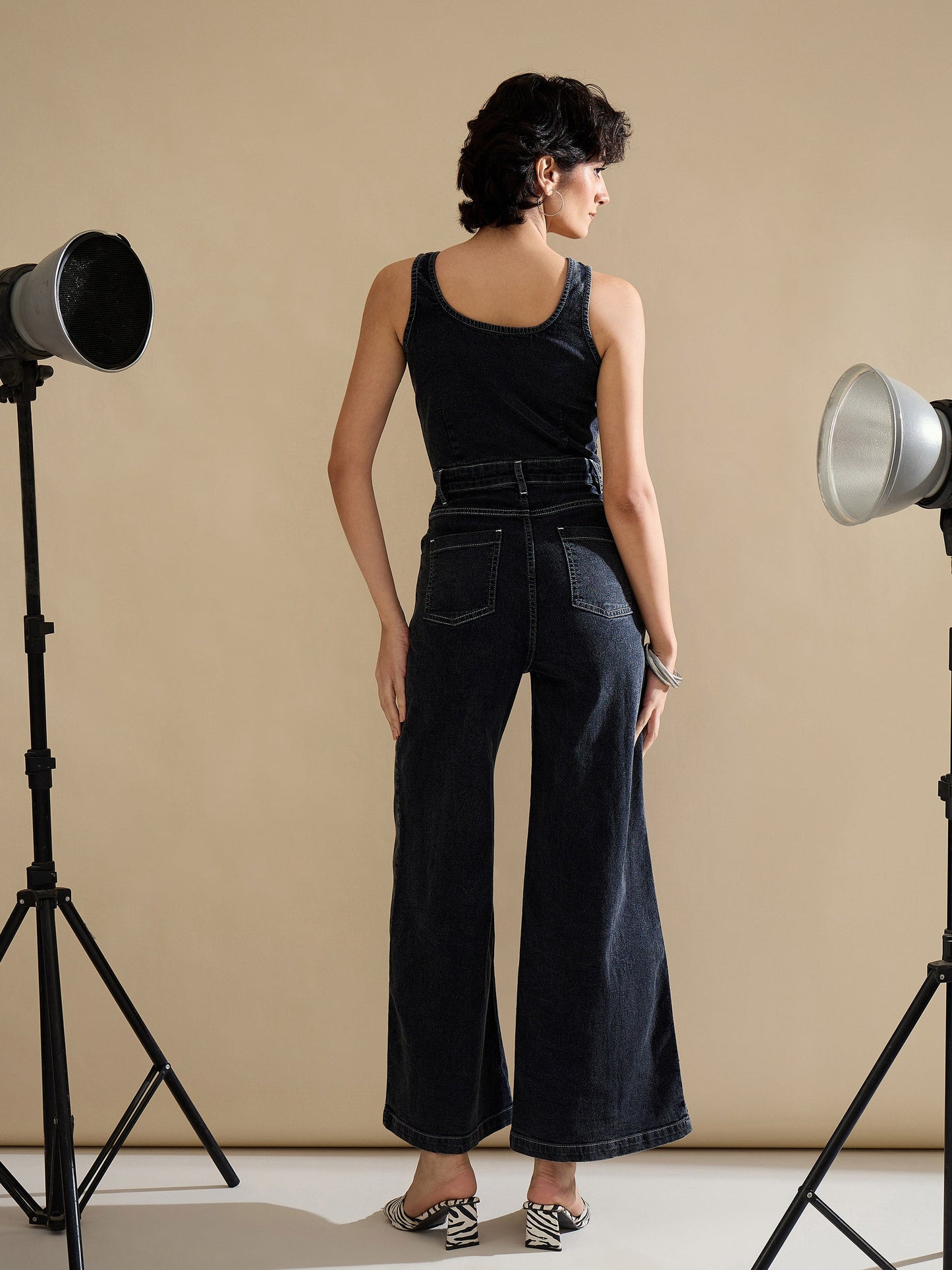 Black Washed Button Down Strappy Jumpsuit