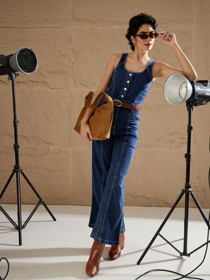 Blue Washed Button Down Strappy Jumpsuit