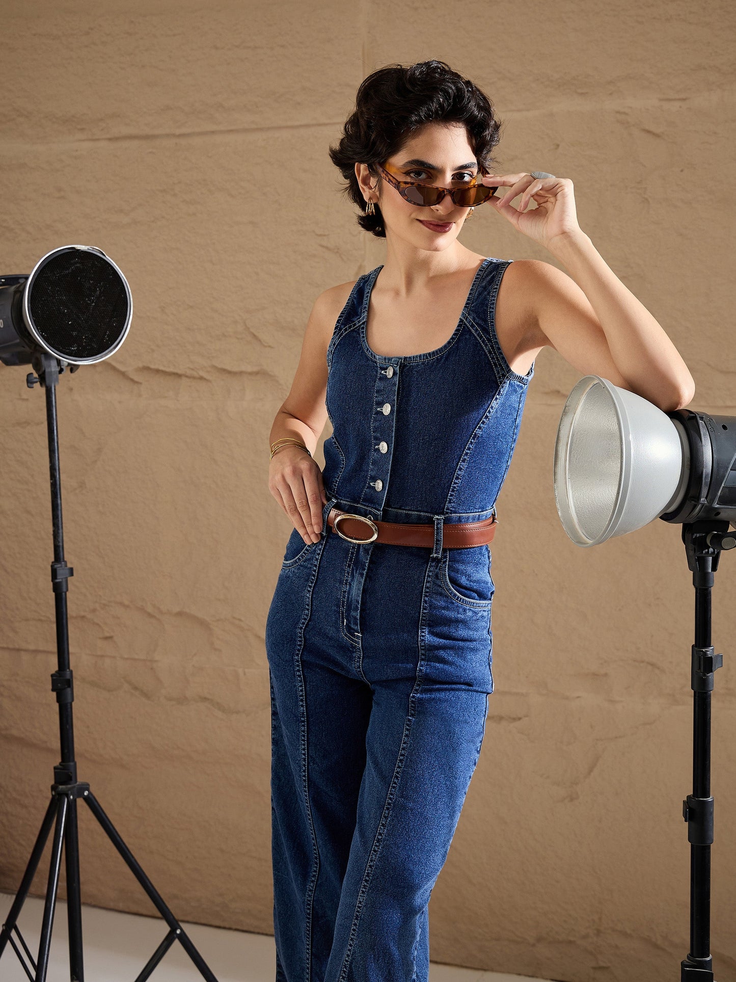 Blue Washed Button Down Strappy Jumpsuit