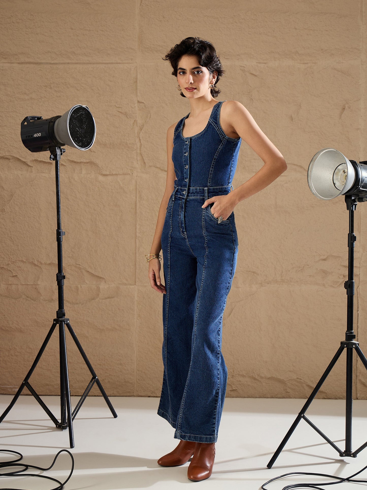Blue Washed Button Down Strappy Jumpsuit