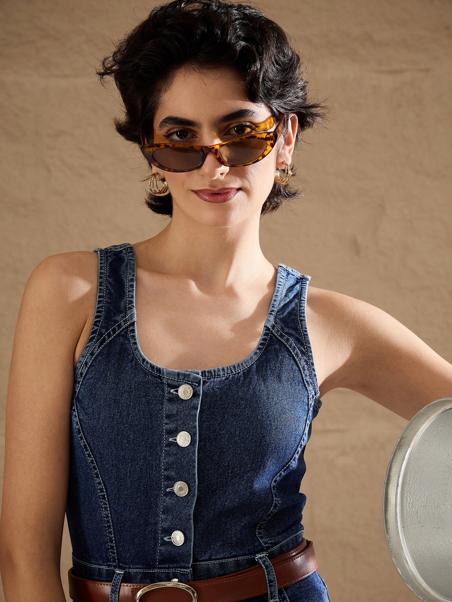 Blue Washed Button Down Strappy Jumpsuit
