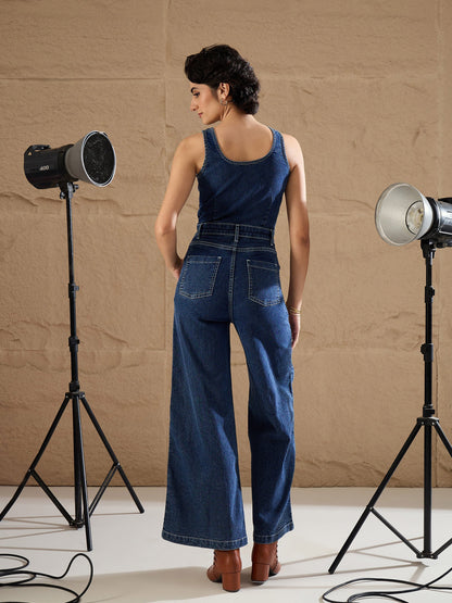 Blue Washed Button Down Strappy Jumpsuit