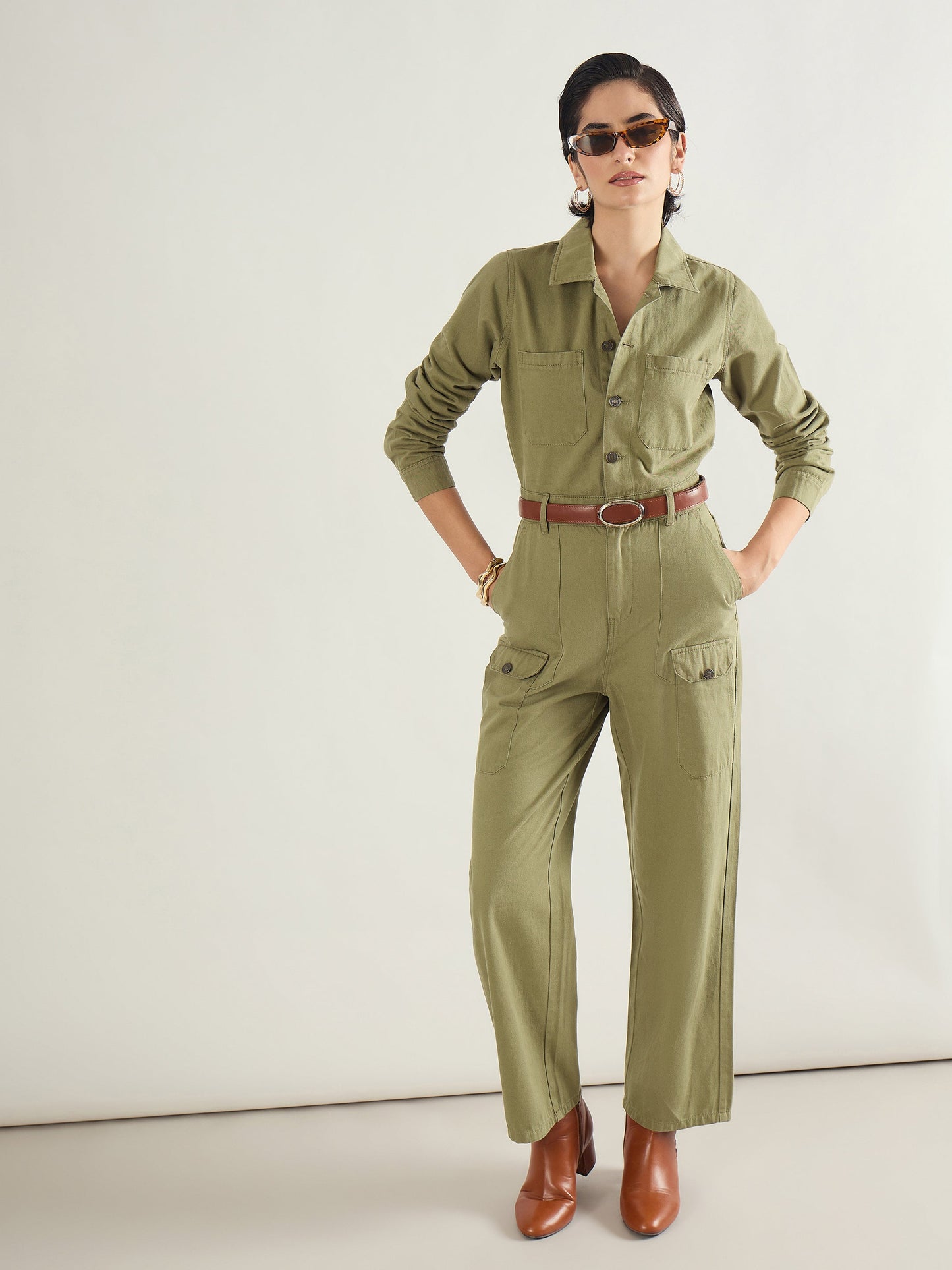 Olive Twill Button Down Full Sleeve Jumpsuit