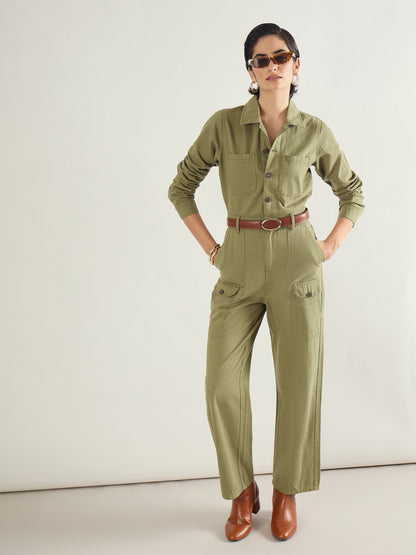 Olive Twill Button Down Full Sleeve Jumpsuit